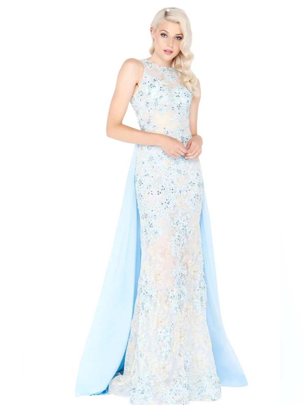 Mac Duggal Light Blue Sequin Embellished Evening Gown with Cape Panels